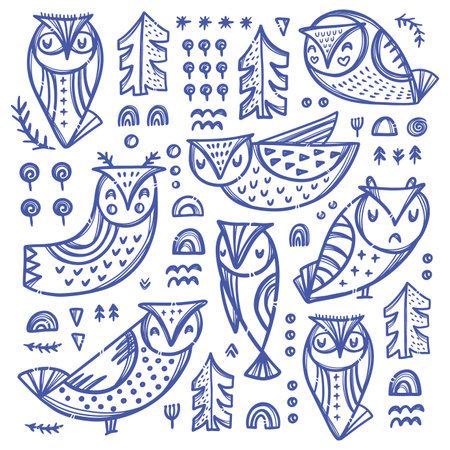 FOREST OWL COLLECTION Bird Variations With Trees And Other Plants In Blue Color On White Backgroung Hand Drawn Cartoon Clip Art Vector Illustration For Printのイラスト素材