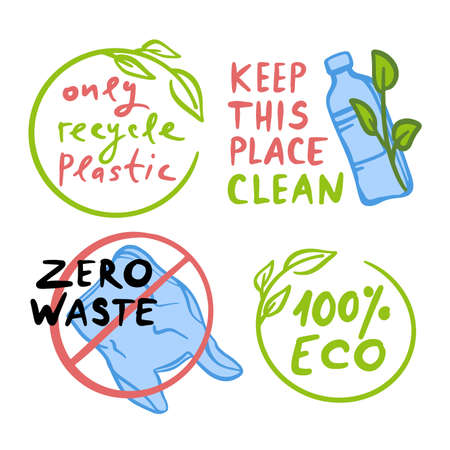 KEEP THIS PLACE CLEAN Ecological Environmental Pollution Problem Of Earth With Plastic Bottle And Plastic Bag On Banner Vector Illustration Set For Printのイラスト素材