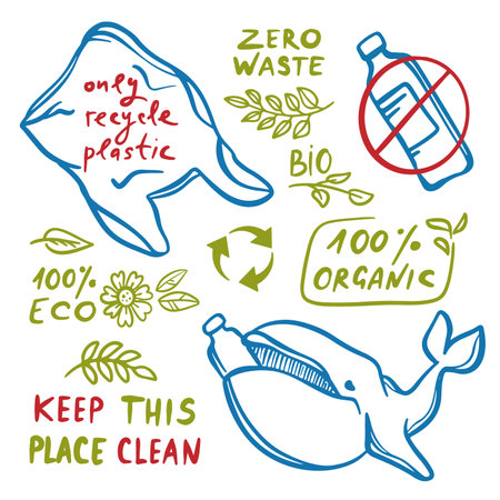 ZERO WASTE ECO Environmental Pollution Problem Of Earth With Whale Plastic Bottle And Plastic Bag On Banner With Text Clip Art Vector Illustration Set For Printのイラスト素材