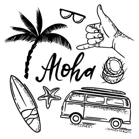 SURF ALOHA Summer Vacation Sea Travel Beach With Palm Tree Coconut Cocktail Surfboard And Sunglasses Monochrome Hand Drawn Vector Illustration Set For Printのイラスト素材