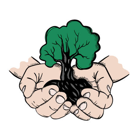ECOLOGIC SAFE SIGN CONCEPT Tree In Human Hands Take Care Nature Planet Earth Global Problem Banner Cartoon Clip Art Vector Illustration Set For Printのイラスト素材