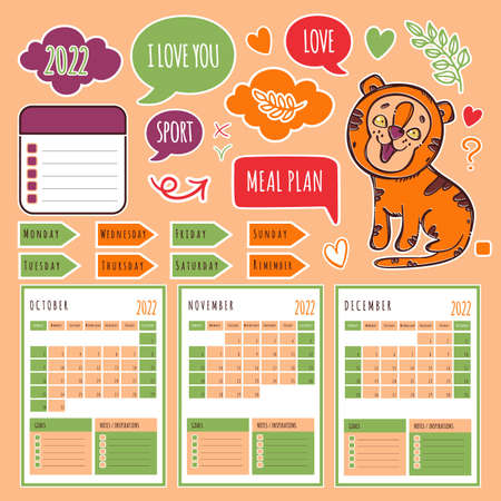 AUTUMN TIGER PLANNER 2022 Template Schedule And Collection With Design Elements For A Three Months From Printable And Plotter Cutting Vector illustration Setのイラスト素材