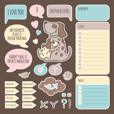 PLANNER STICKERS WITH DOGS Labels Printable Page Template Schedule And Collection Of Design Elements For Plottering Cutting Clip Art Vector illustration Setのイラスト素材