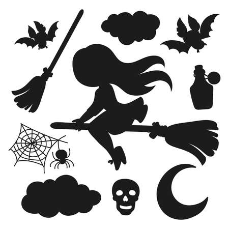 HALLOWEEN FOR CUT Collection Of Monochrome Contours Of Holiday Elements With Witch On Broomstick Bat Skull Poison And Spider Clipart Vector illustration Setのイラスト素材