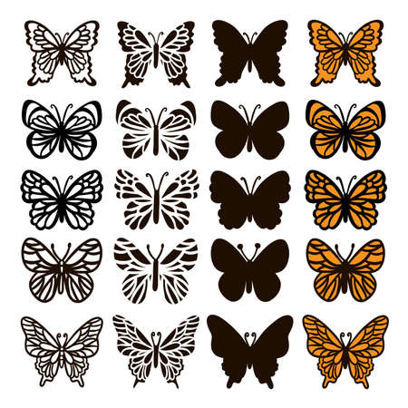 BUTTERFLY SET Monochrome Cute Insects On White Background Cartoon Hand Drawn Sketch For Print And Cutting Natural Lepidopterology Vector Illustration Collectionのイラスト素材