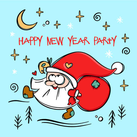 SANTA WITH BAG Funny Bearded Dwarf With Bag Gifts Talking Bird New Year Merry Christmas Cartoon Holiday Hand Drawn With Text Vector Illustration Set For Printのイラスト素材