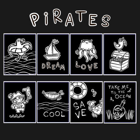 PIRATES DESIGN Hand Drawn Nautical Postcard Collection Cartoon Travel Theme With Text Monochrome Sea Vector Illustration Set On Black Background For Printのイラスト素材
