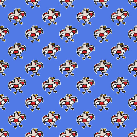 ALBATROSS AND LIFEBUOY Cartoon Hand Drawn Picture Seamless Pattern Cute Bird For Design Vector Illustration On Blue Background Fairy Tale For Printのイラスト素材