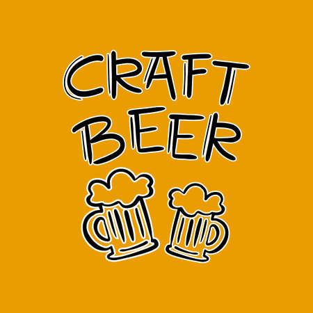 CRAFT BEER STYLE Tasty Drink In Two Mugs With Foam And Handwritten Text Good Beer Hand Drawn Cartoon Vector Illustration Setのイラスト素材
