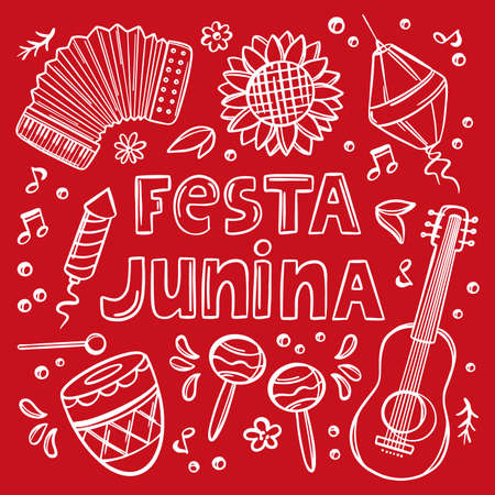 FESTA JUNINA MONORED June Festival Catholic Tradition Brazil Carnival Holiday Lettering With Musical Instruments On Red Background Vector Illustration Bannerのイラスト素材