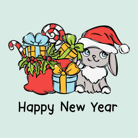 HAPPY NEW YEAR CARD Cute Rabbit In Santa Hat And Bag With Presents In Boxes And Sweets Christmas Congratulation Cartoon Hand Drawn Postcard Vector Illustrationのイラスト素材
