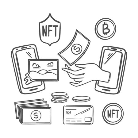 NFT Market Online Selling Of Arts And Musical Works For Cryptocurrency Network Technology For Trade Crypto Store Internet Marketplace With Non-fungible Tokenのイラスト素材