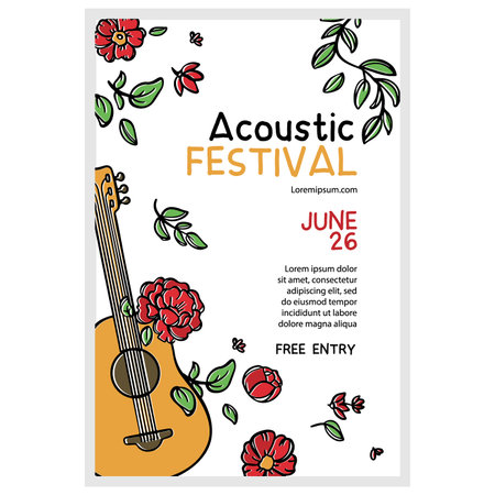 ACOUSTIC BANNER Music Festival Poster With Invitation Your Text 6 String Guitar Red Roses And Leaves On White Background Hand Drawn Vector Sketch For Printのイラスト素材
