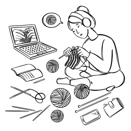 ONLINE HOBBY Knitting Learning Needlewoman Concept On The Internet Home Education Hand Drawn Vector Collection Master Classes A Woman Teaches Audienceのイラスト素材