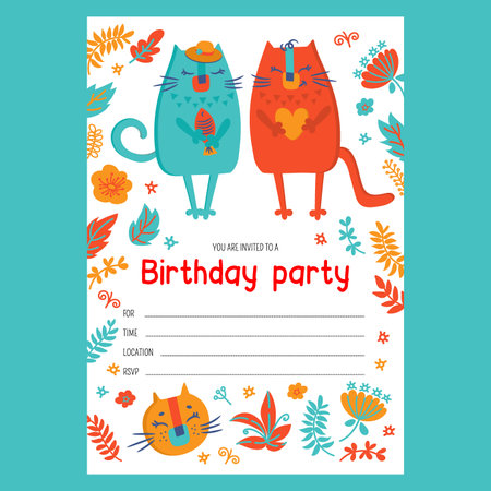 CAT GIRL INVITES BIRTHDAY Two Kitten Holding Orange Heart And Red Fish Cartoon Hand Drawn Sketch In Flat Design And Text Banner With Date And Time Vector Printのイラスト素材
