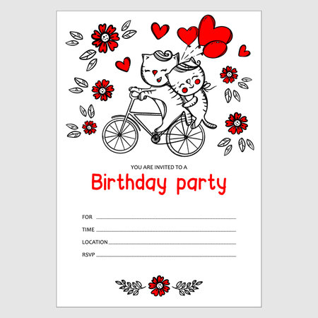 BOY INVITES BIRTHDAY Cat And Kitten Ride On Bicycle Holding Red Heart Balloons Cartoon Text Banner With Date And Time Cute Kids Hand Drawn Sketch Vector Printのイラスト素材