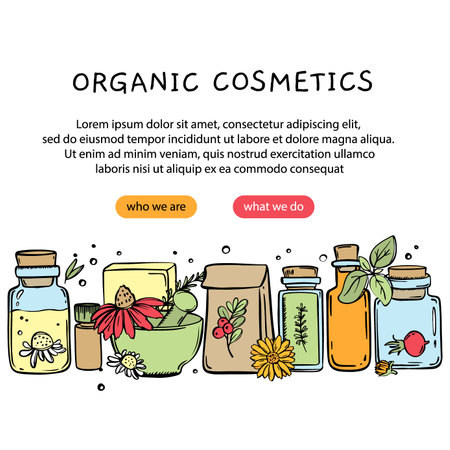ORGANIC COSMETICS WEB CONCEPT Pharmaceuticals Online Store Marketplace Trade Ordering And Selling Medical Products Hand Drawn Vector Illustration Sketch Bannerのイラスト素材