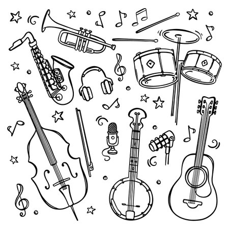 MUSICAL INSTRUMENTS Large Design Collection For Concerts And Recording Studios Notes Treble Clef Microphones And Headphones Monochrome Hand Drawn Vector Setのイラスト素材