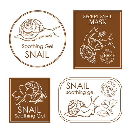 SNAIL COSMETICS LABELS Mucin Organic Preparations For Health And Beauty Store And Beauty Saloon Set Of Stickers For Packaging With Flowers Pharmaceutical Sketchのイラスト素材