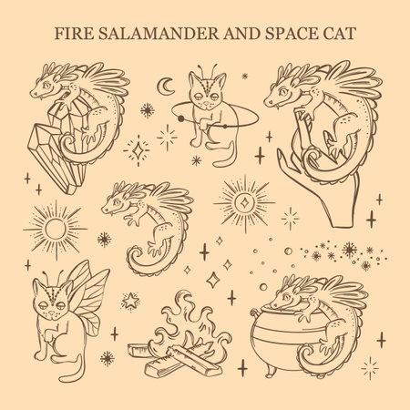 FIRE SALAMANDER AND SPACE CAT Astrological Character Variations Symbol Set Card Occult Esoteric Witchcraft Hand Drawn Alchemist Objects Sketch Design Collectionのイラスト素材
