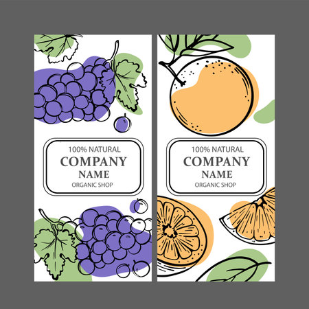 GRAPE ORANGE LABELS Design Of Stickers For Shop Of Tropical Organic Natural Fresh Juicy Fruits And Dessert Drinks In Sketch Style Vector Illustration Setのイラスト素材