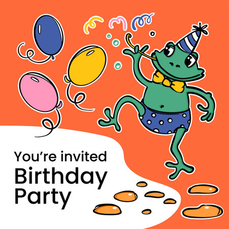 Birthday card with funny frog, balloons and text. Vector illustration.のイラスト素材