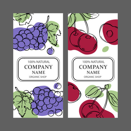 CHERRY AND GRAPE Label Templates Design Of Stickers For Shop Of Tropical Organic Natural Fresh Juicy Fruits Wine And Dessert Drinks In Vintage Vector Collectionのイラスト素材