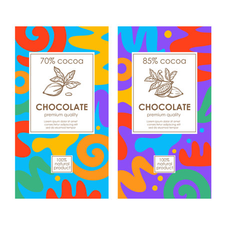ABSTRACT CHOCOLATE PACK Bright Color Organic Background Design In African Style And Vintage Labels With Hand Drawn Cocoa Beans Vector Illustration Collectionのイラスト素材