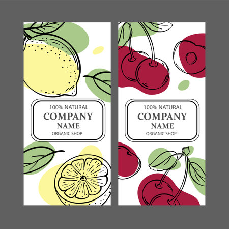 CHERRY AND LEMON Label Templates Design Of Stickers For Shop Of Tropical Organic Natural Fresh Juicy Fruits And Dessert Drinks In Vintage Vector Collectionのイラスト素材