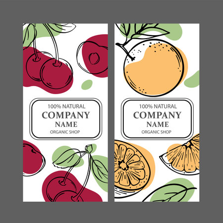 CHERRY AND ORANGE Label Templates Design Of Stickers For Shop Of Tropical Organic Natural Fresh Juicy Fruits And Dessert Drinks In Vintage Vector Collectionのイラスト素材