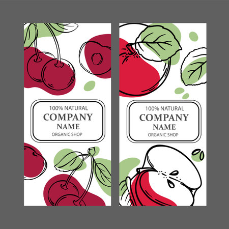 CHERRY AND RED APPLE Label Templates Design Of Stickers For Shop Of Tropical Organic Natural Fresh Juicy Fruits And Dessert Drinks In Vintage Vector Collectionのイラスト素材