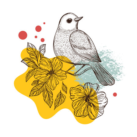 NIGHTINGALE ON HIBISCUS Flower Collage Sketched Bird Poster Design Botanical Illustration Geometric Shapes Abstract Elements For Print Wall Art Packaging Printのイラスト素材