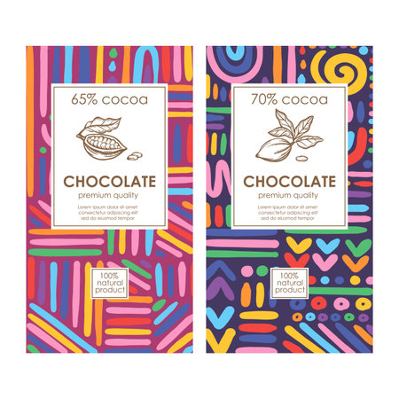 ABSTRACT CHOCOLATE PACKAGING Bright Color Organic Background Design In African Style And Vintage Labels With Hand Drawn Cocoa Beans Vector Illustration Setのイラスト素材