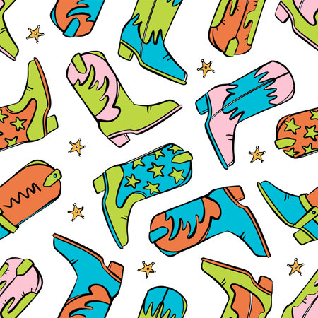 COWBOY BOOTS PRINT Attributes Of The Wild West Vector Seamless Pattern Of The Sheriff's Star Is Symbol Of American Movies And Prairies Colorful Illustrationのイラスト素材