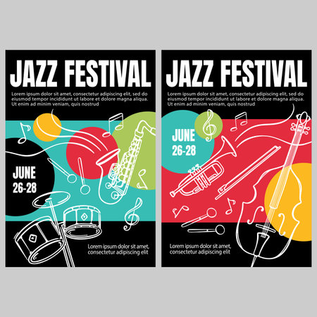 JAZZ FESTIVAL PRINT Vertical Musical Concert Poster With Saxophone And Drums Invitation Text On Abstract Colorful Background Hand Drawn Vector Sketch Bannerのイラスト素材