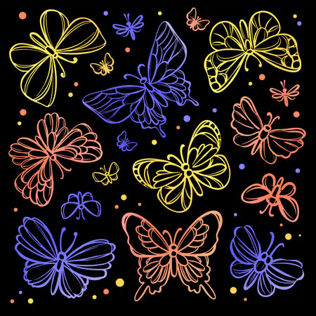 MAGIC BUTTERFLIES Openwork Cute Insects On Black Background Cartoon Hand Drawn Sketch For Print Natural Lepidopterology Vector Illustration Collectionのイラスト素材