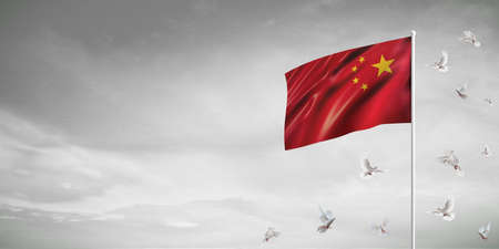 Chinese flag with flying seagulls on cloudy sky, 3D renderingの写真素材