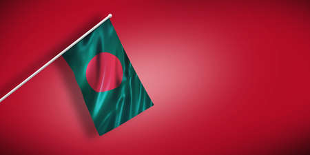 3D rendering of the national flag of Bangladesh on a pole waving on red backgroundの写真素材