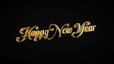Happy New Year gold text on black background. 3D rendering.