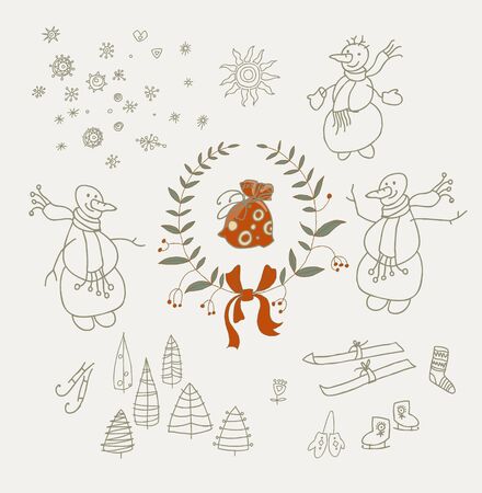 Christmas wreaths set with snowman and New Year graphic elements, holiday symbols. Vector illustration.のイラスト素材