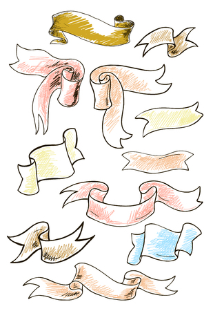 Vintage ribbon banners, hand drawn set. Collection of vintage ribbons. Hand drawn graphic illustrations.のイラスト素材