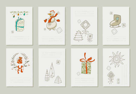 Hand drawn collection of romantic invitations to Christmas and New Year.  8 gentle cards. Isolated. No transparency. No gradients.のイラスト素材