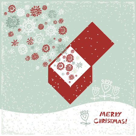 Vintage card with gift box, Christmas trees and snowflakes. Vector illustration.のイラスト素材