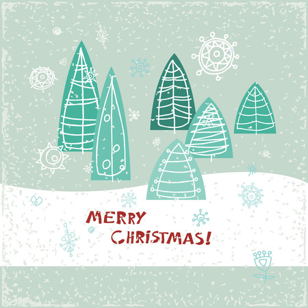 Merry Christmas and Happy New Year greeting card.  Holidays vector illustration. Winter abstract stylized trees Christmas trees.のイラスト素材