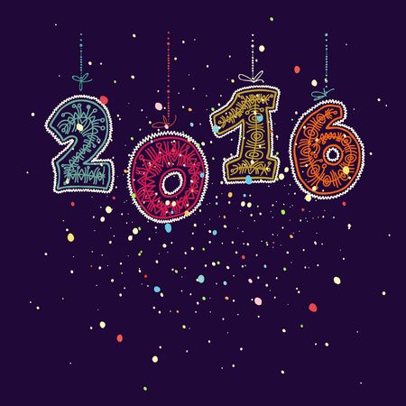 Happy new year 2016 greeting card design element. Decorative ornamental lace hand drawn inscription....