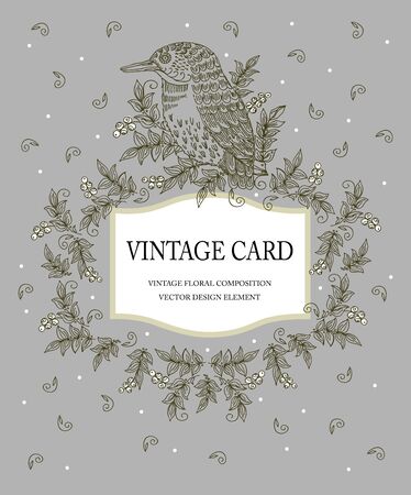 Stylish floral card in vector. Vintage card in pastel colors with a stylized bird.  Ideal for wedding invitation. Save the date card. Romantic wreath with place for your textのイラスト素材
