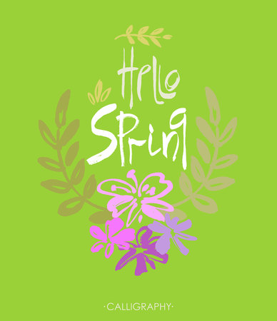Hand Lettering Hello spring. Brush Pen lettering isolated on background. Handwritten vector Illustration. Background includes seamless pattern with flowers.のイラスト素材