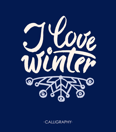 I love winter. Brush lettering text. Modern brush calligraphy, Isolated on dark blue background. Vector designのイラスト素材