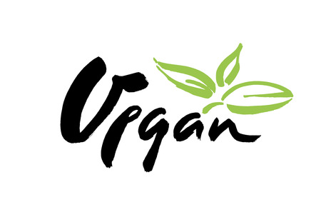 Vegan hand written calligraphy lettering with green leaf for cafe menu design. Brush lettering Element for labels,のイラスト素材