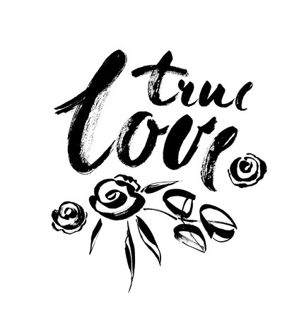 True LOVE. Valentines day greeting card with calligraphy. Hand drawn design elements. Handwritten modern brush lettering. Vector illustrationのイラスト素材